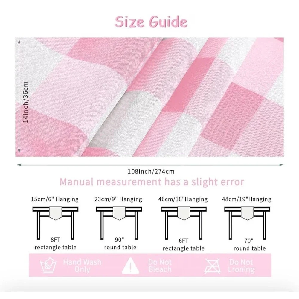 Pink and White Buffalo Checked Gingham Waterproof Table Runner 14x108 Set of 3